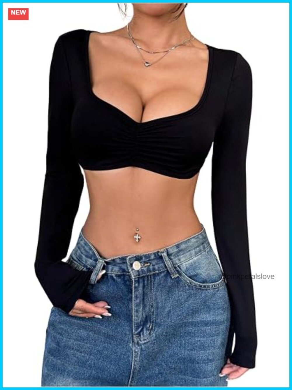 Ruched Front Long Sleeve Crop Top Deep V Neck Slim Fit Tee